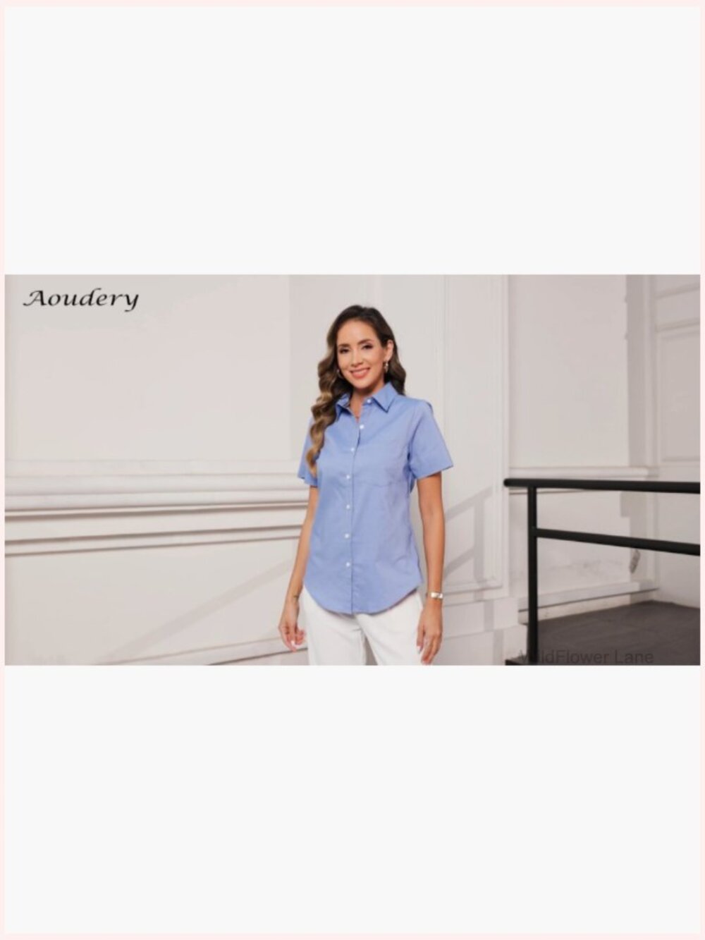 Short Sleeve Button Down Oxford Shirt Women V Neck Collared Blouse Top Pocket - Picture 5 of 6